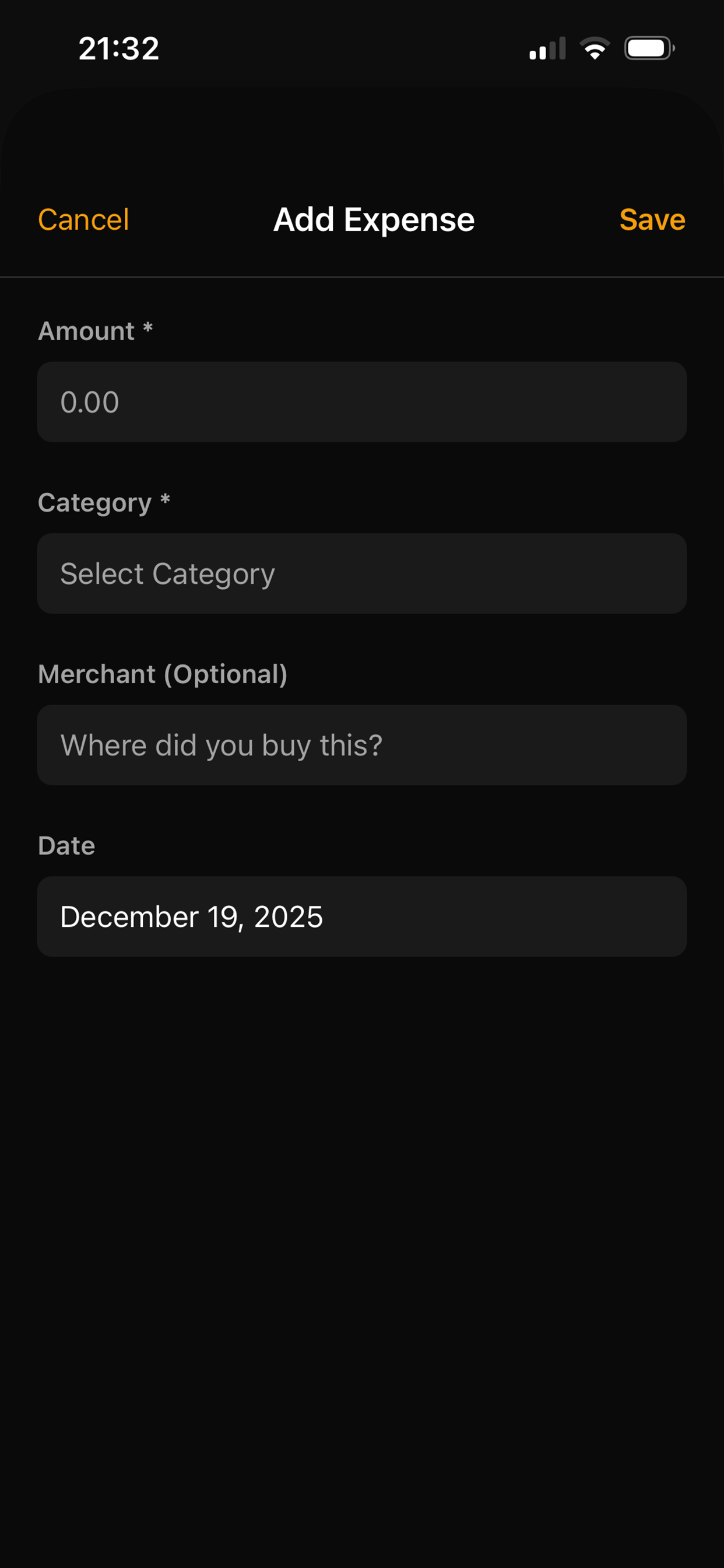 Expense Entry Screenshot